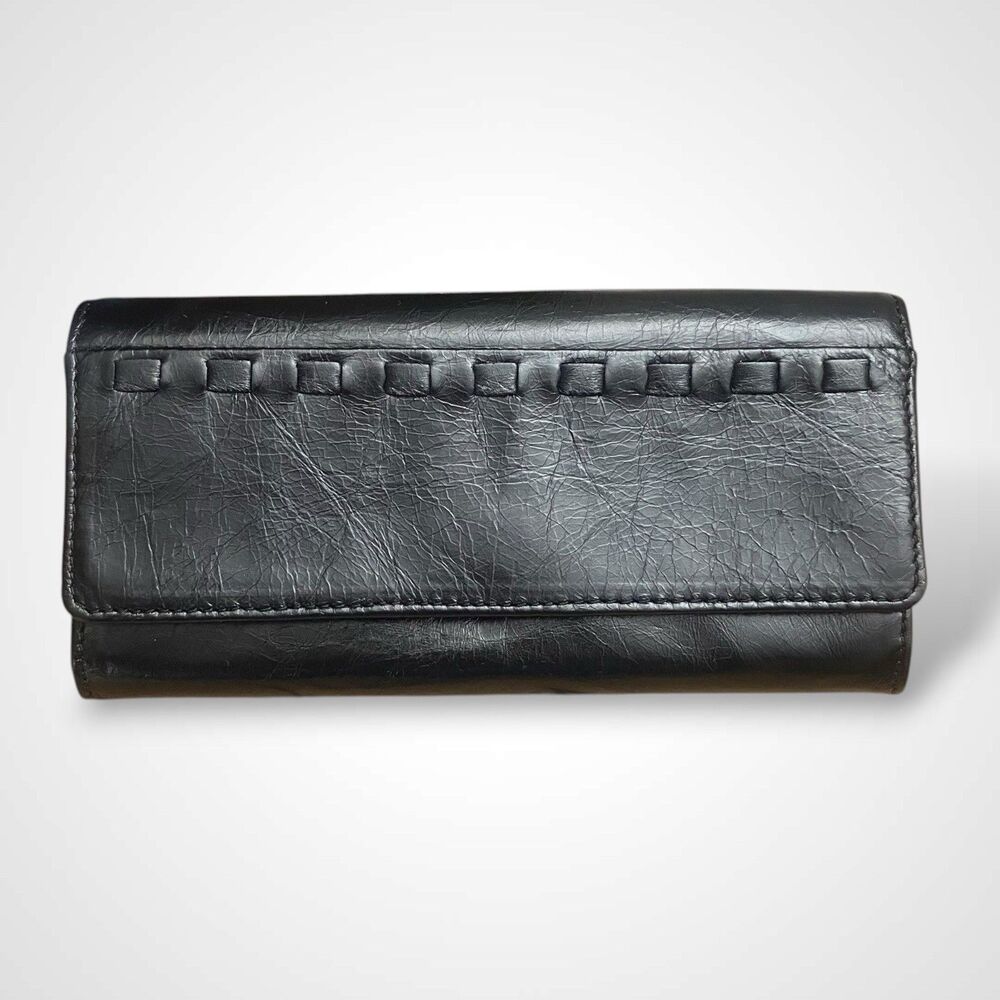 Hobo Continental Wallet Black Genuine Leather Long Bifold with Magnetic Closure